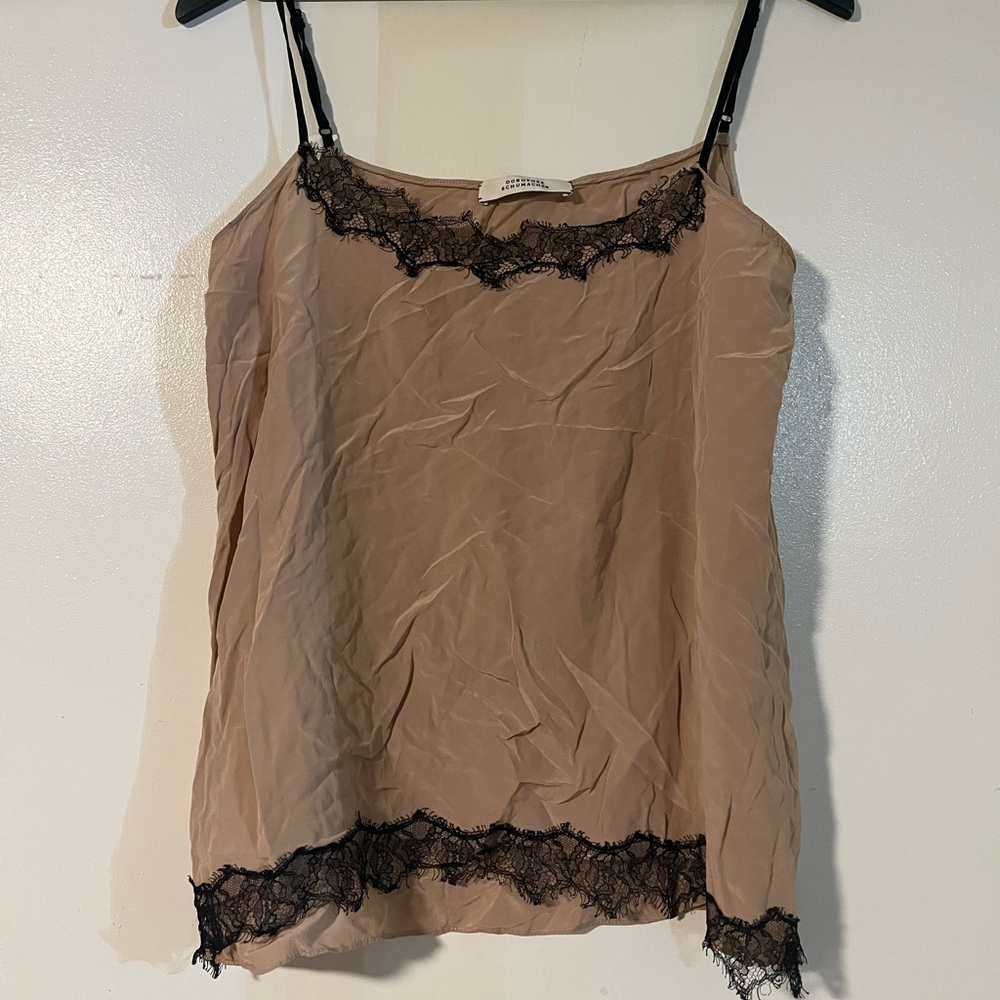 Dorothee Schumacher Women’s Taupe 100% Silk Tank Black Lace 4